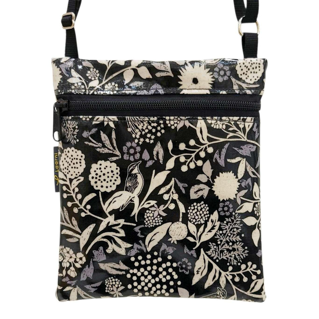 Bag - Small Crossbody (Linen Flowers Birds on Black) by Laarni and Tita