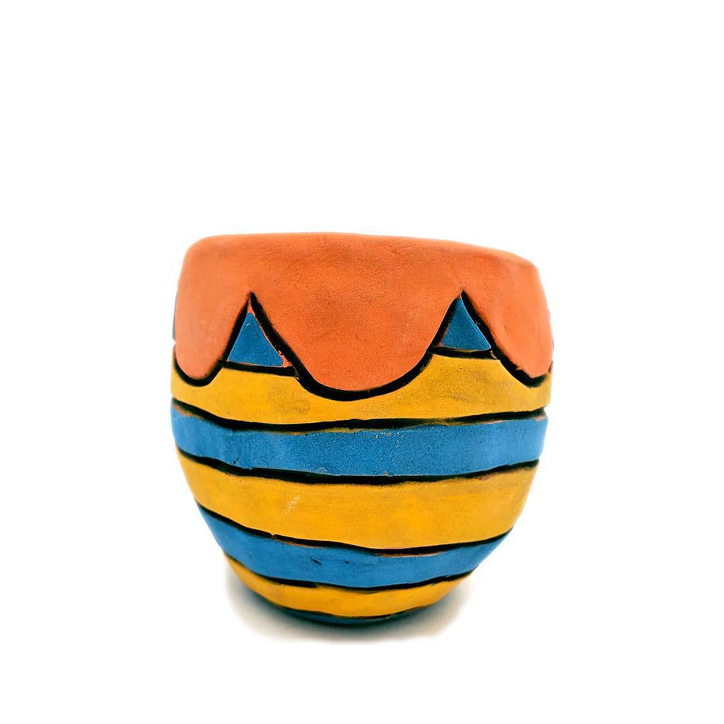 Tiny Cup - 2.5in - Orange Scallops Yellow Blue Stripes by Leslie Jenner Handmade