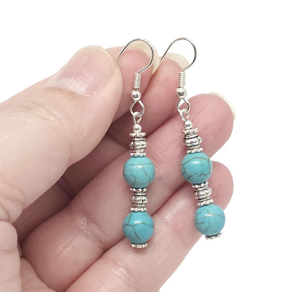 Earrings - Howlite Double Bead Drops Silver-Plate by Tiny Aloha