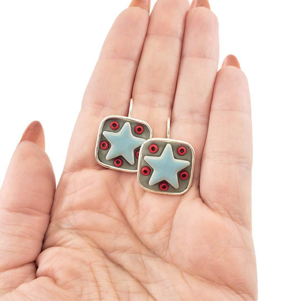Earrings - Square Bezel Light Blue Star with Red beads by XV Studios