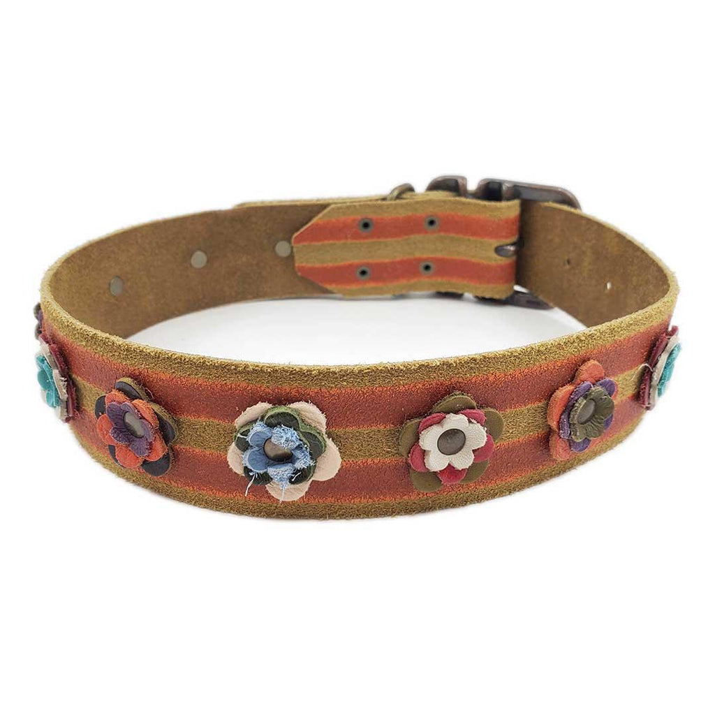Dog Collar - L-XL - Double Red Stripe with Multicolor Flowers by Greenbelts