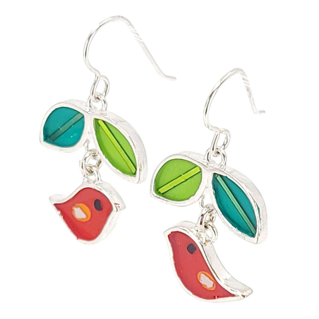 Earrings - Bird and Leaves (Red) by Happy Art Studio