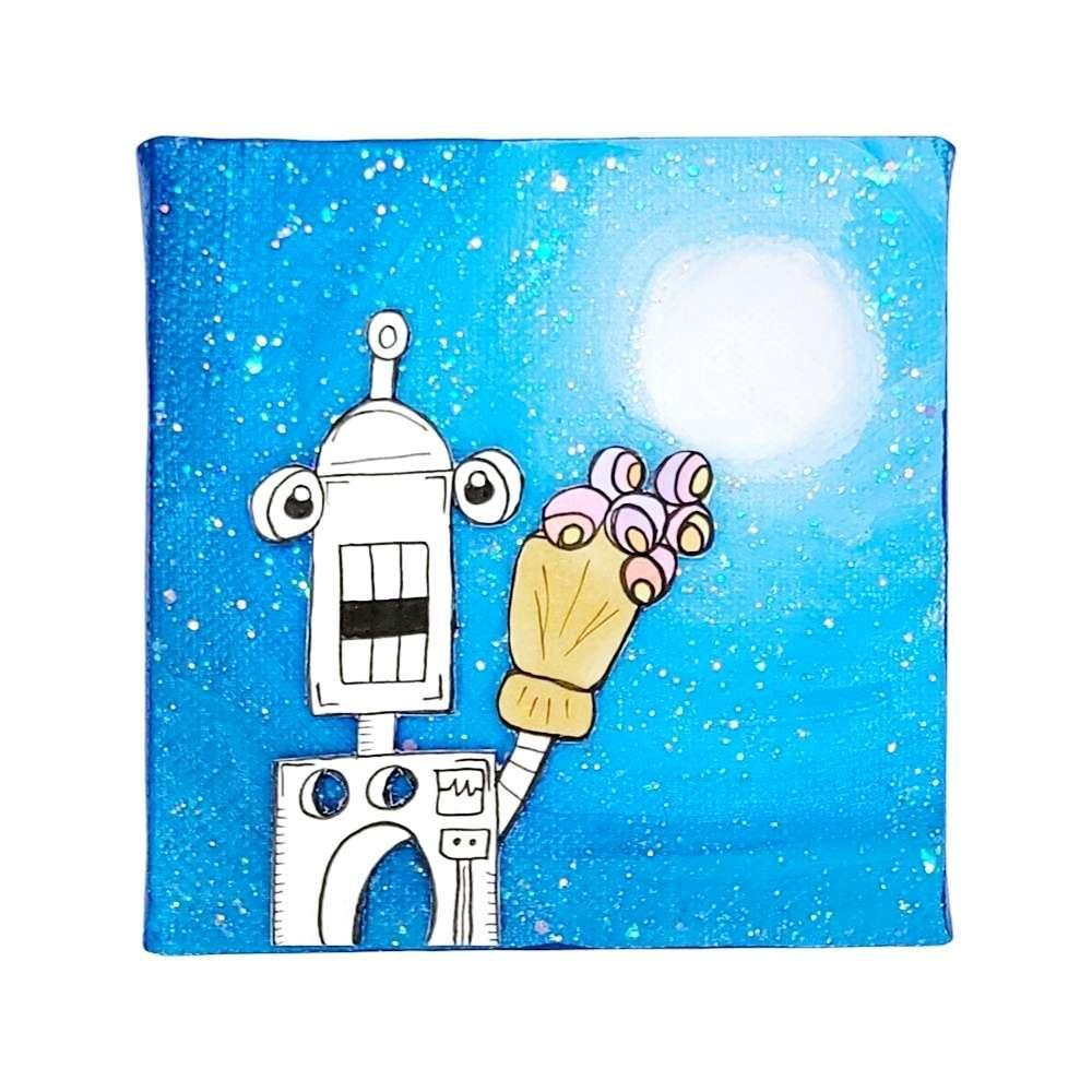 Original Painting - 4x4in - Moonlight Sparkle 3D Robot (Arty Peonies) by Mandy Greear