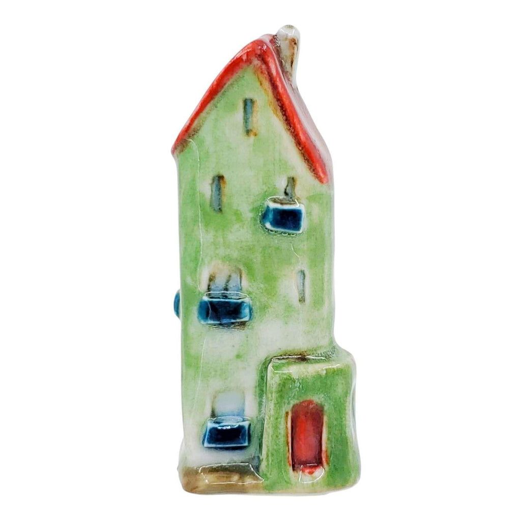 Collectible - Tiny House - Tall Apartments (Green Walls, Red Door, Red Roof) by Mist Ceramics