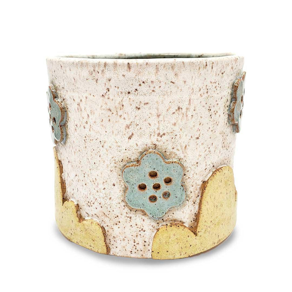 Planter Pot - L -  White Teal Flowers Green Mountains (Teal Interior) by Kathy Manzella Ceramics