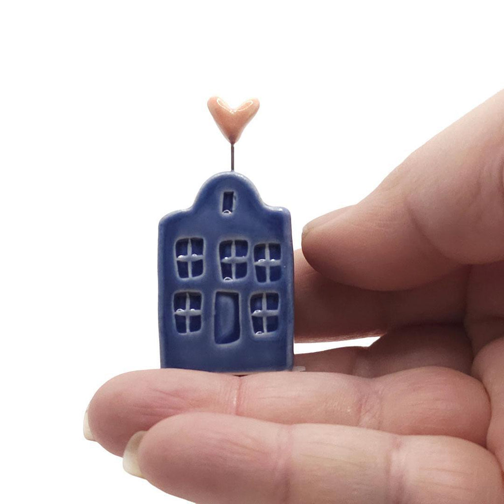 Tiny Pottery House - Dark Blue with Heart (Pink or Red) by Tasha McKelvey