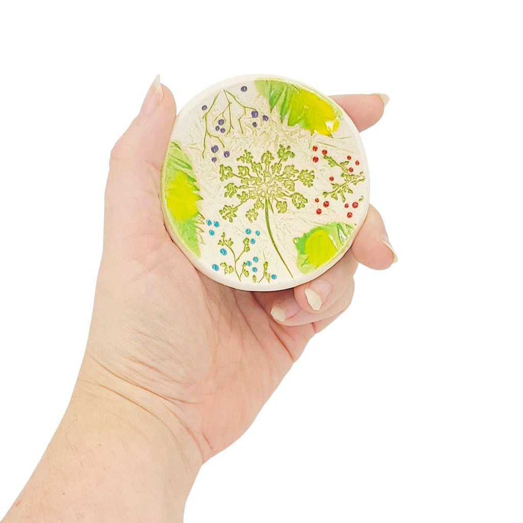 Ring Dish -  3 1/4 in - Pressed Flower Round Pottery Dish by Walton Clay Studio