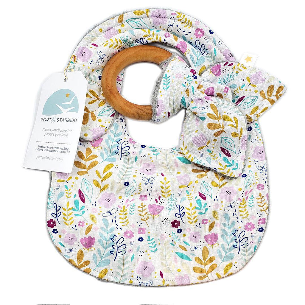 Gift Set - Wildflowers on White Bib and Teething Ring by Port and Starbird