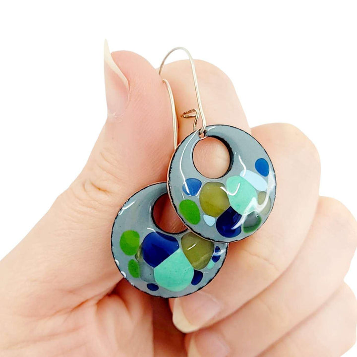 Earrings - Offset Circle (Blue Blobs on Gray) by Magpie Mouse Studios
