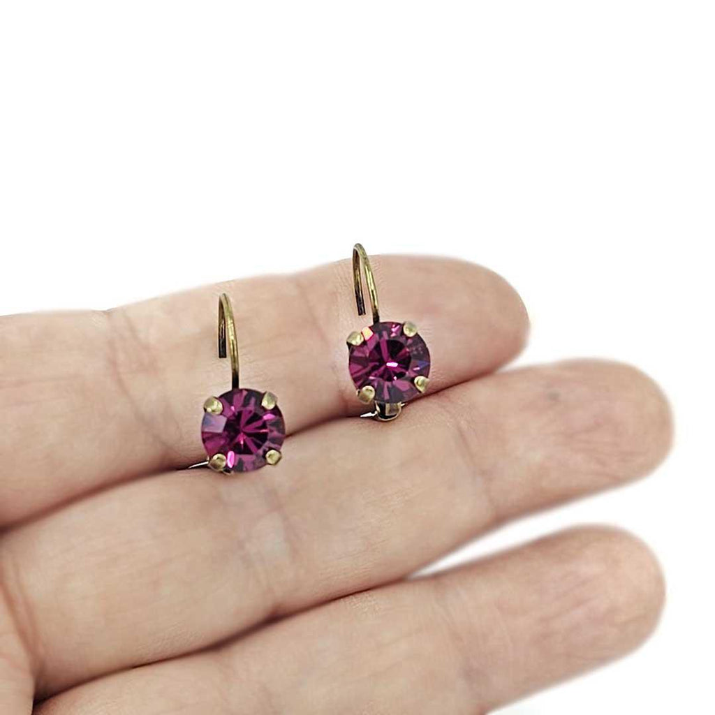 Earrings - Leverback - Round Rhinestone Fuchsia (Brass) by Christine Stoll | Altered Relics