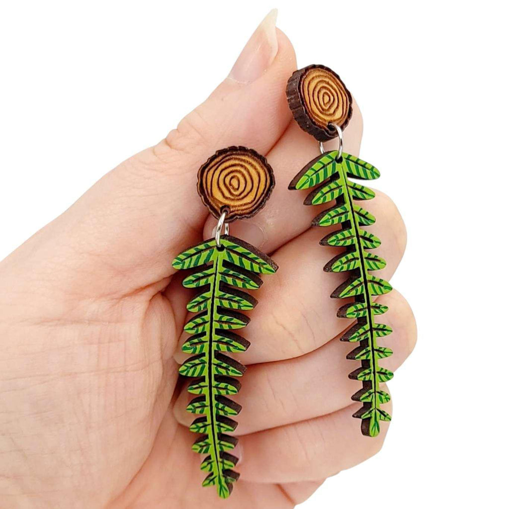 Earrings - Woodland Fern Wood Slice (Post Dangles) by Fresh Cuttery