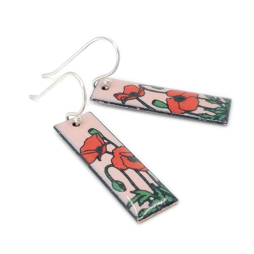 Earrings - Red Poppies Slim Rectangle (Pink) by Magpie Mouse