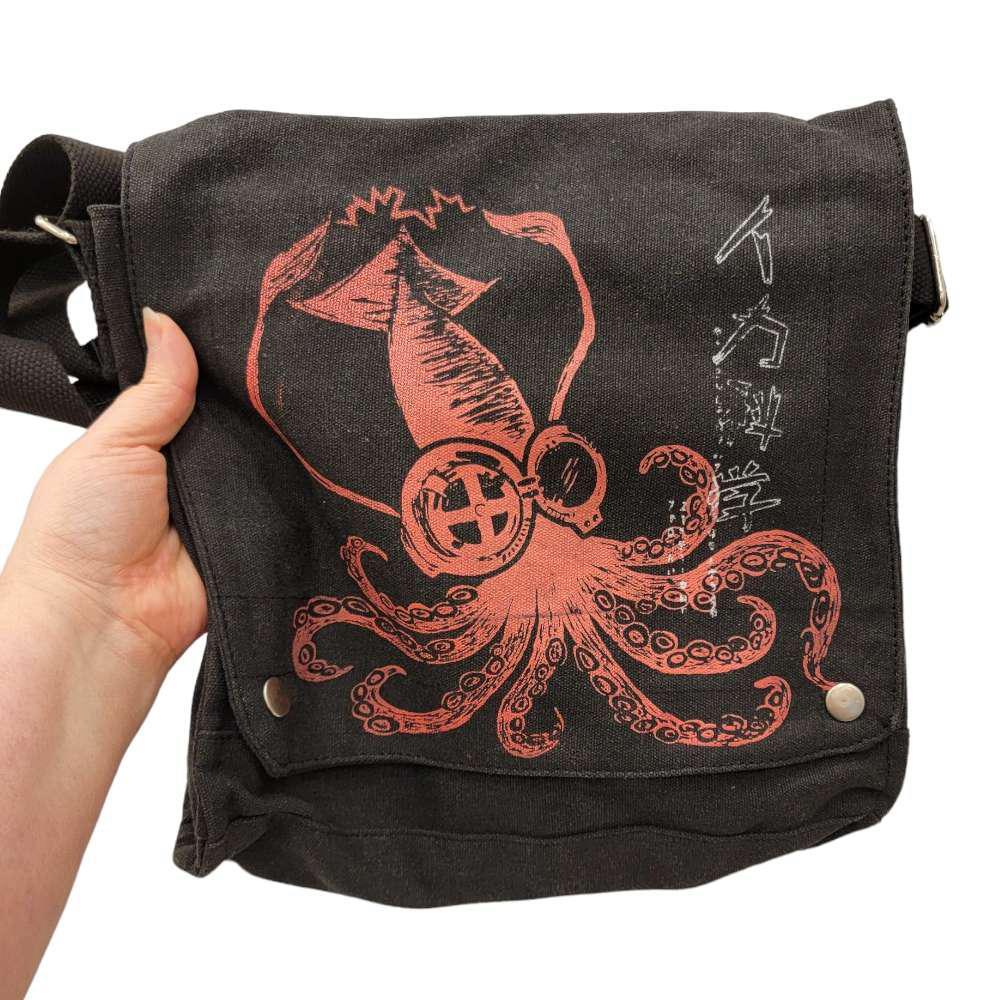 Messenger Bag - Red Science Squid on Black Canvas Bag by Namu