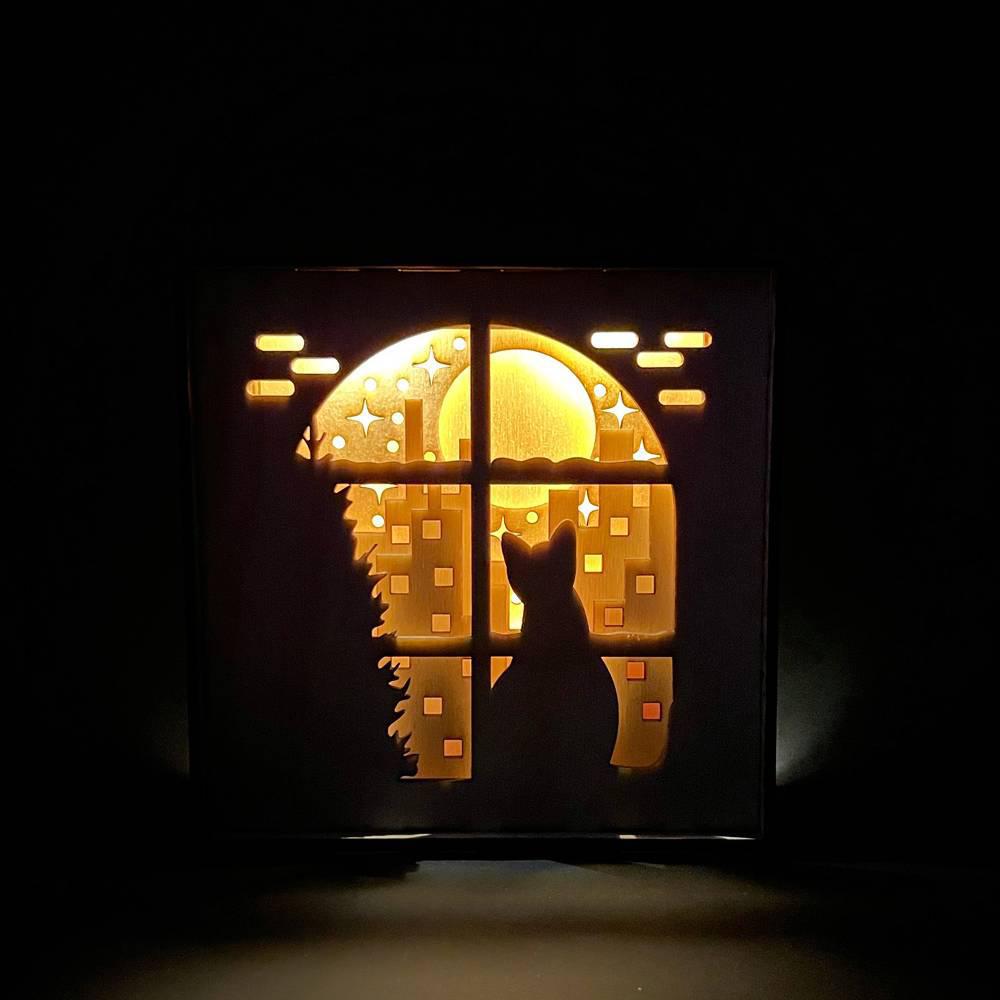 Lighted Shadowbox - Cat at Window by Squirrel Taco Papercuts
