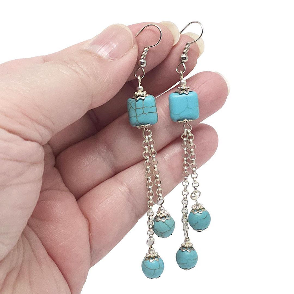 Earrings - Double Drop Howlite Beads Silver-plate by Tiny Aloha
