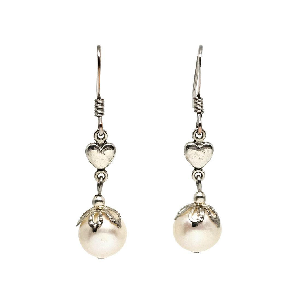 Earrings - Freshwater Pearl Drops Silver Plate Hearts by Tiny Aloha
