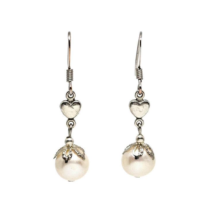 Earrings - Freshwater Pearl Drops Silver Plate Hearts by Tiny Aloha