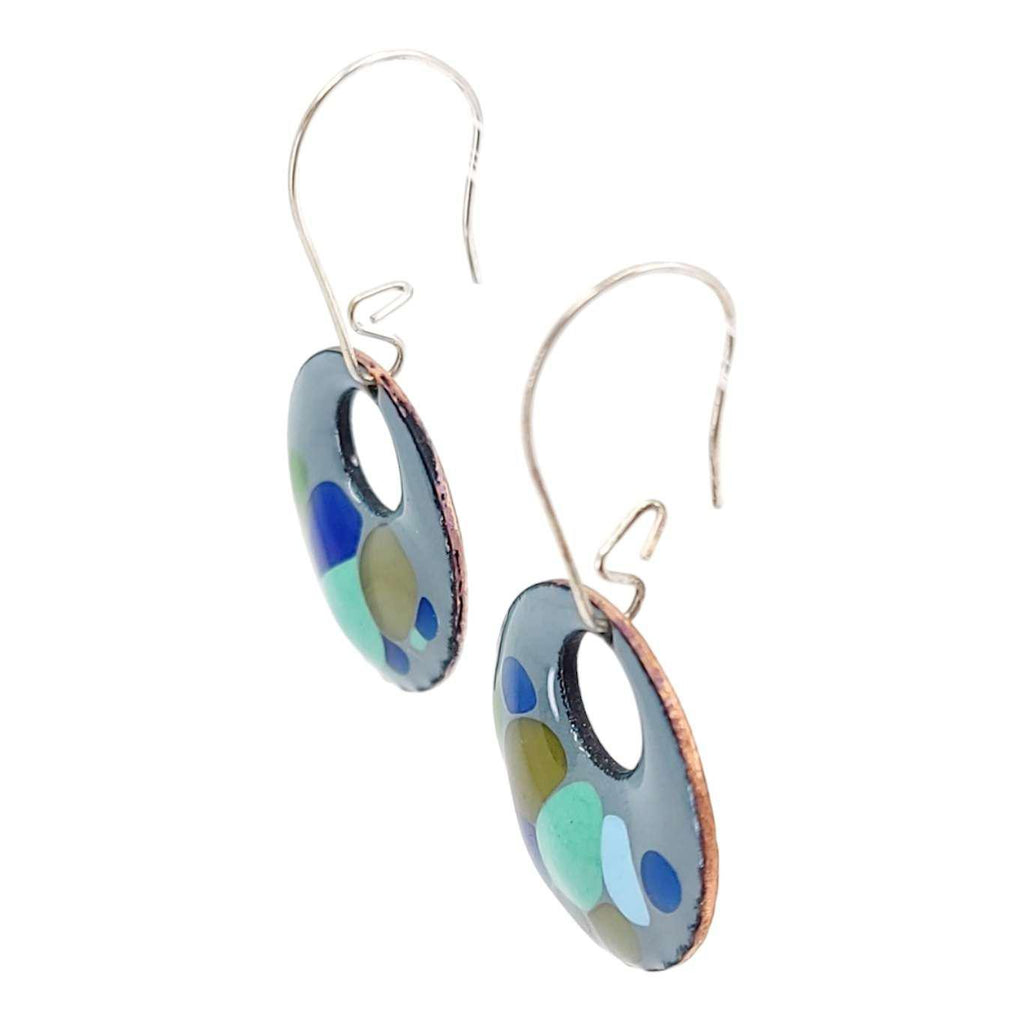 Earrings - Offset Circle (Blue Blobs on Gray) by Magpie Mouse Studios