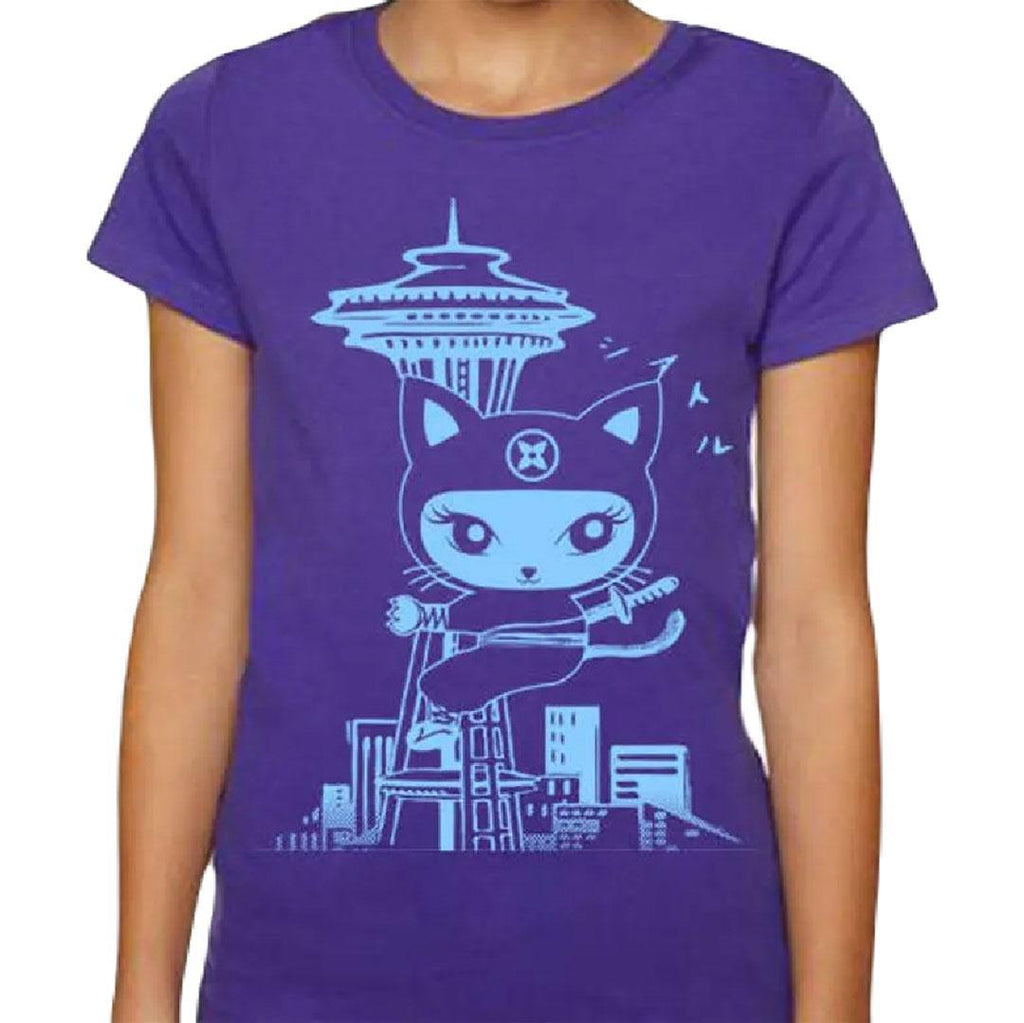 Kids Tee - Seattle Ninja Kitty Teal on Purple (Youth XS - XL) by Namu