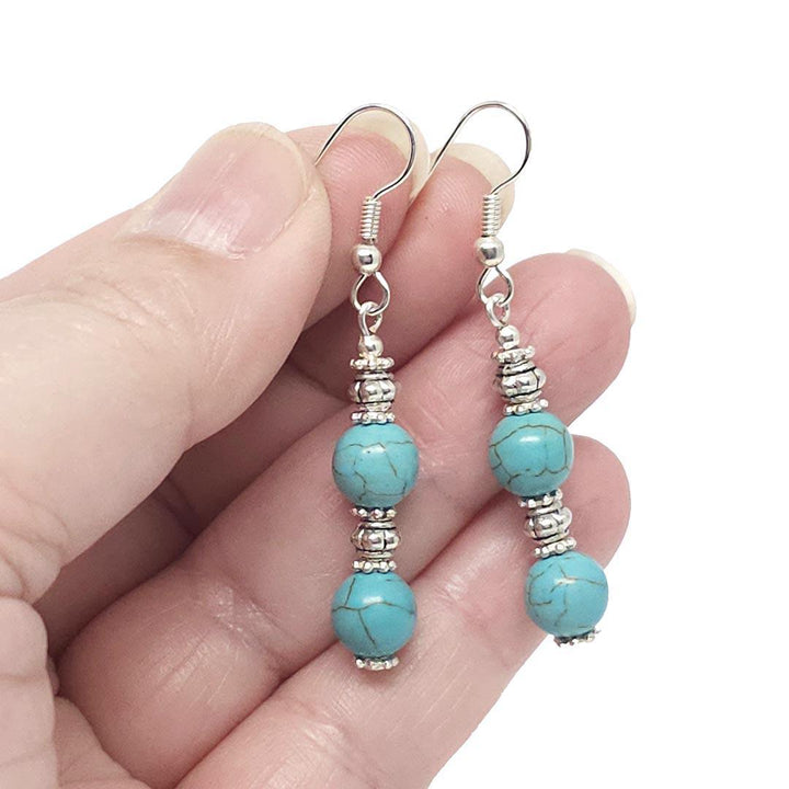 Earrings - Howlite Double Bead Drops Silver-Plate by Tiny Aloha
