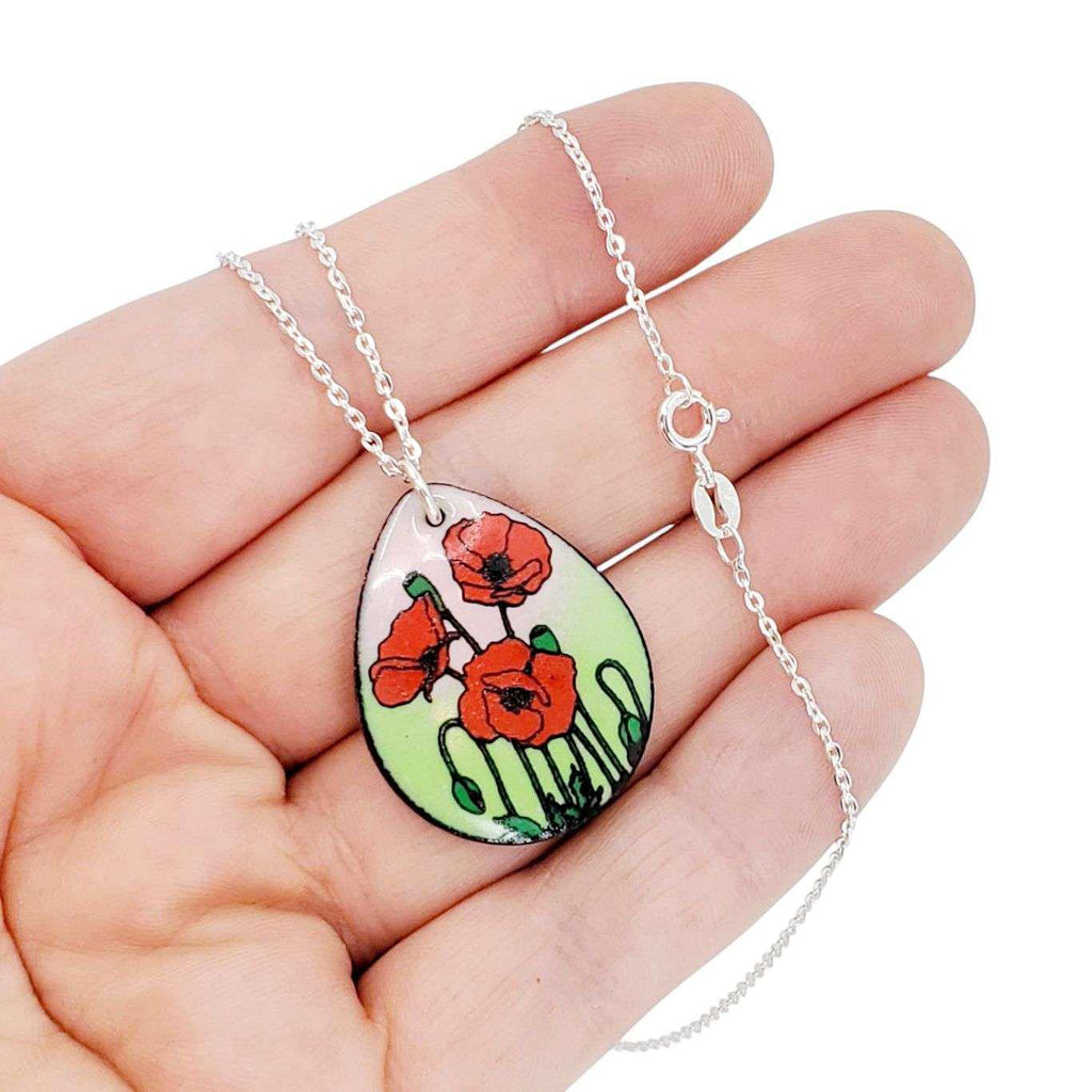 Necklace - Red Poppies Large Teardrop (Pink Green) by Magpie Mouse Studios