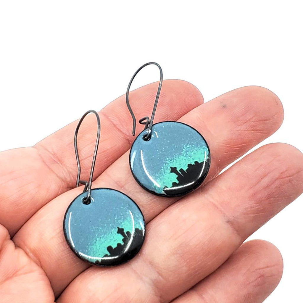 Earrings - Small Circle Seattle Skyline (Gray to Light Blue) by Magpie Mouse Studios
