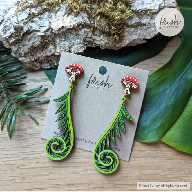 Earrings - Fiddlehead Fern and Mushroom (Post Dangles) by Fresh Cuttery