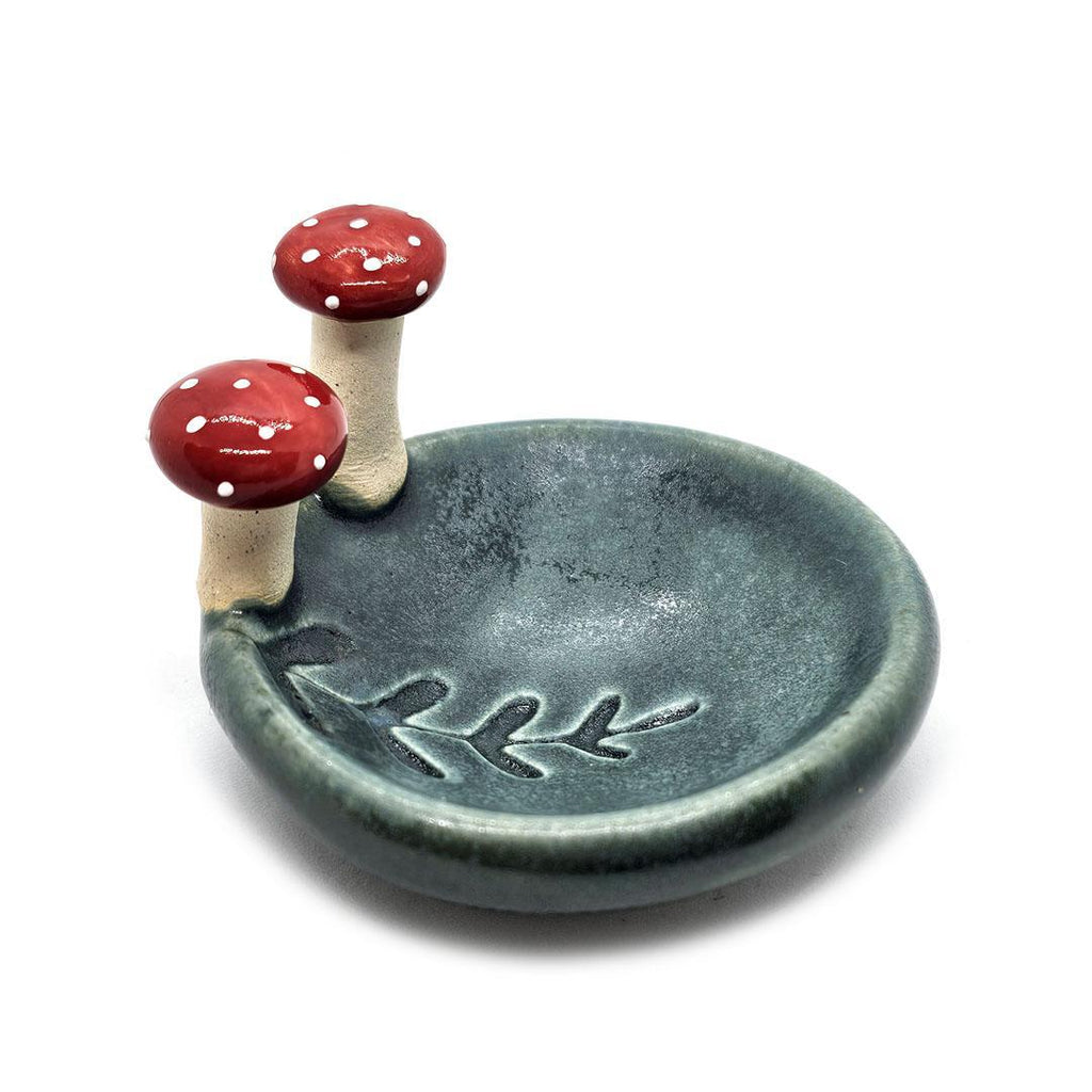 Round Ring Dish - Red Mushrooms Fern Fronds (Small Dark Teal) by Tasha McKelvey