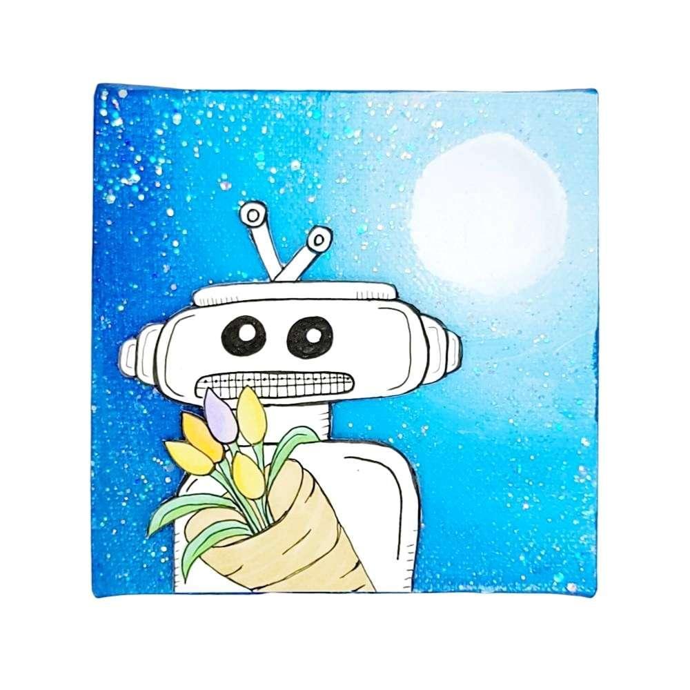 Original Painting - 4x4in - Moonlight Sparkle 3D Robot (Huego Tulips) by Mandy Greear