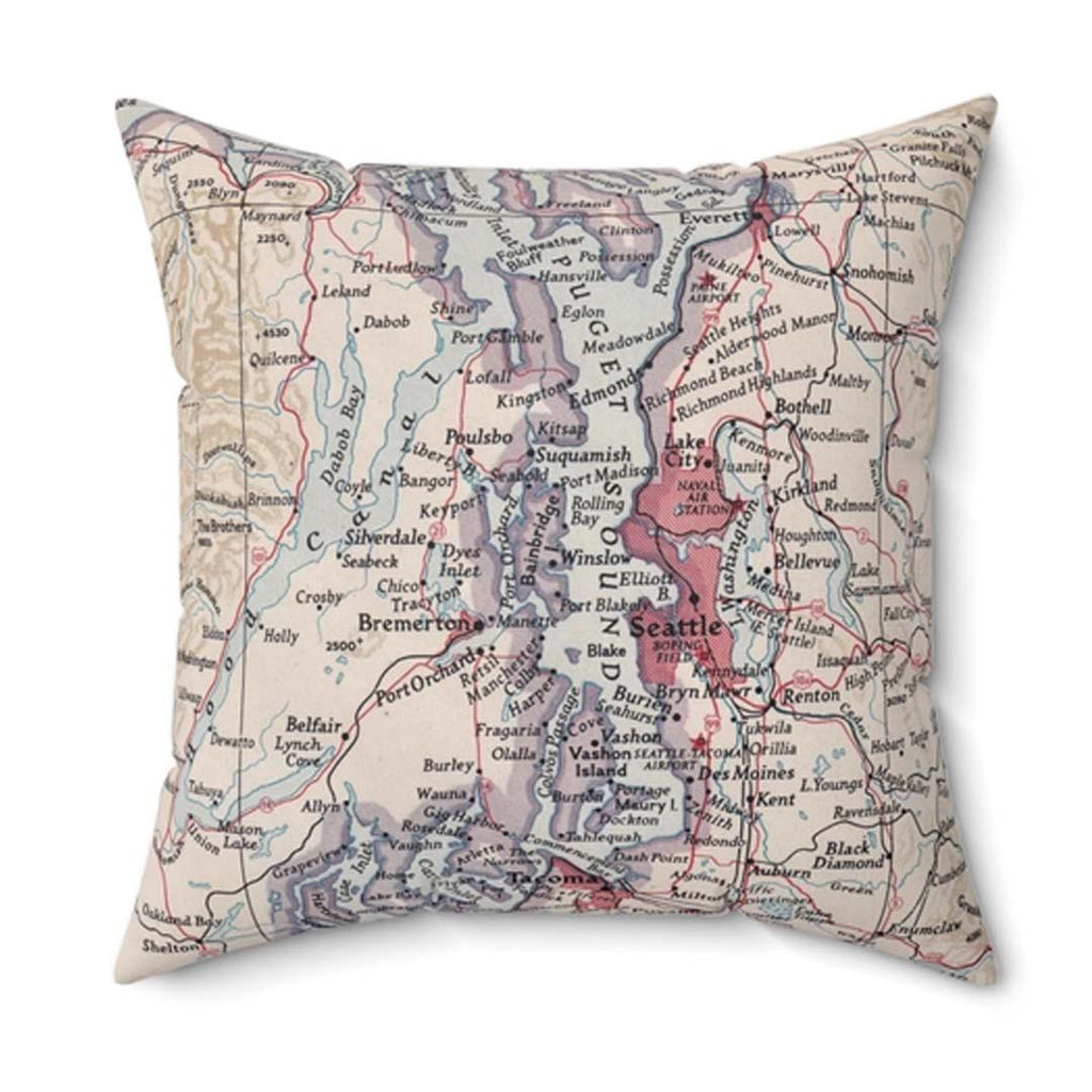 Pillow - Vintage Puget Sound Seattle Tacoma WA Map by Daisy Mae Designs