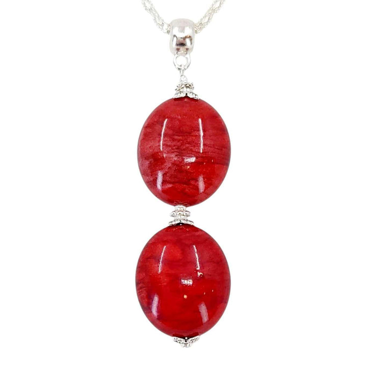 Necklace - Large Double Oval Pendant (Red Resin, Silver Plate) by Tiny Aloha