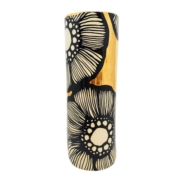 Vase - 10in - Floral Cylinder with 22k Gold Background by Hsieh Clay SF