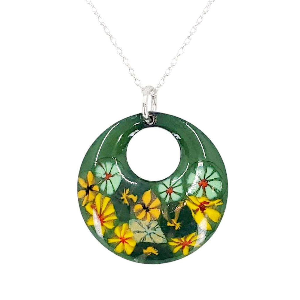 Necklace - Offset Small Circle (Green Floral) by Magpie Mouse Studios