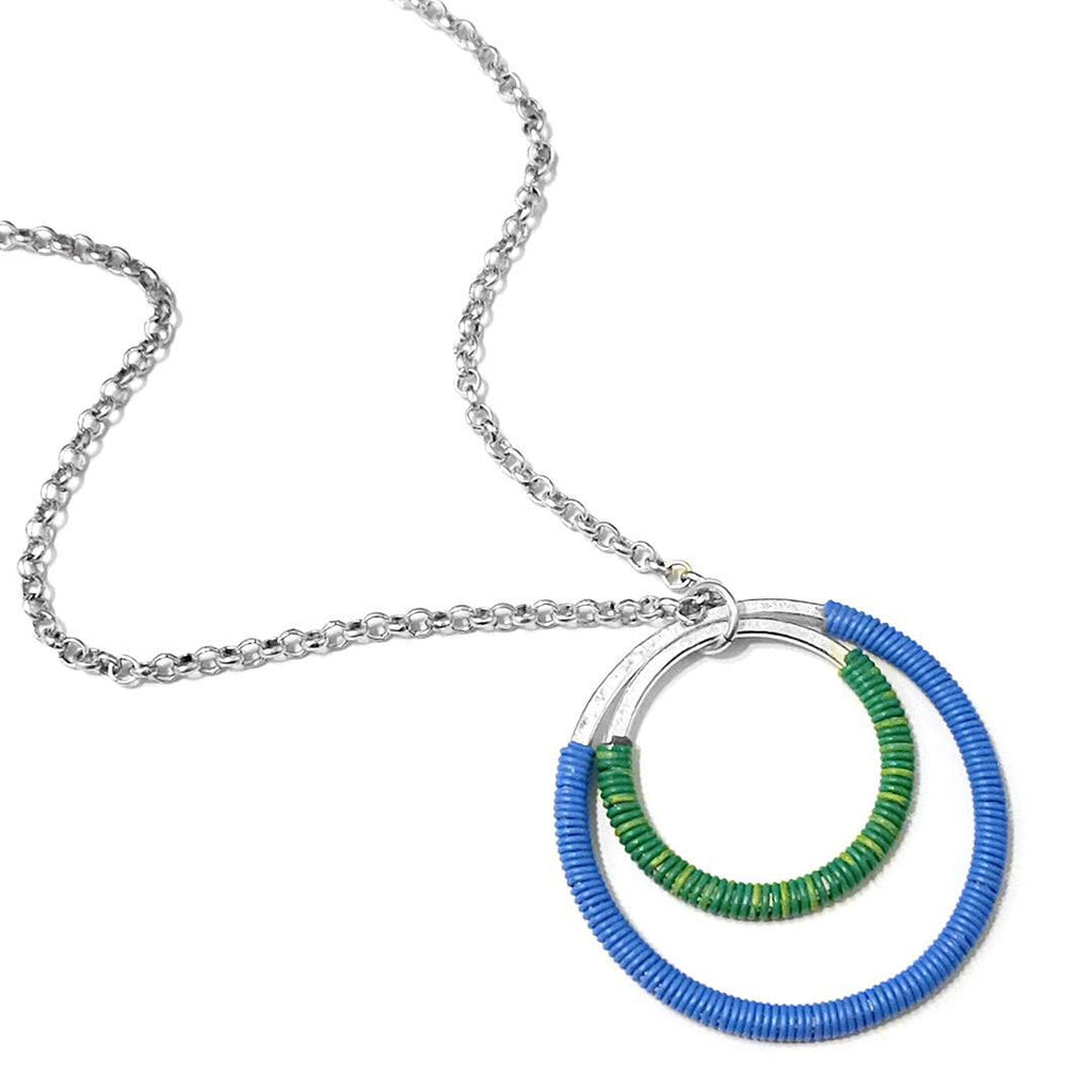 Necklace - Double Circle - Blue and Green Communication Wire by XV Studios