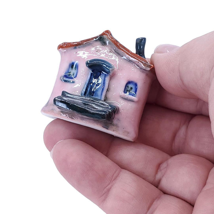 Tiny House - Pink House Black Steps Rust Roof by Mist Ceramics