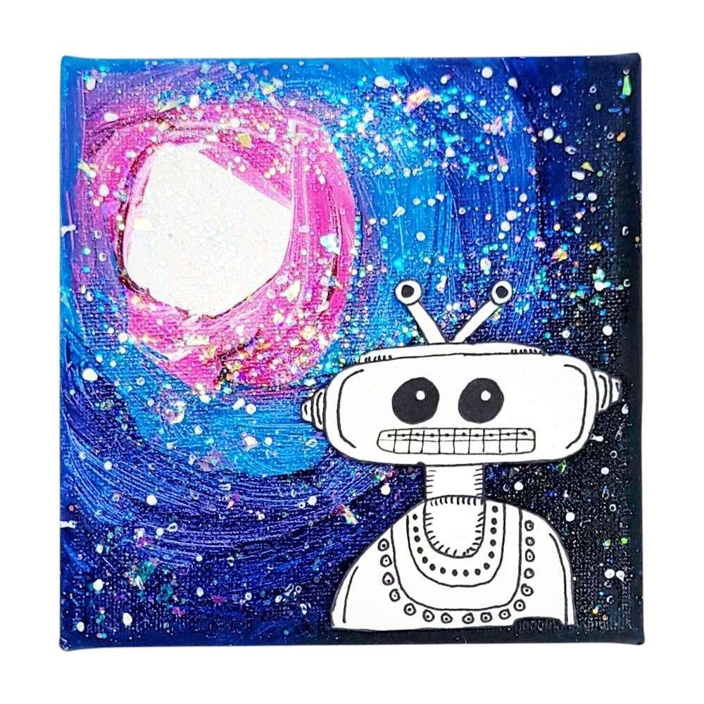 Original Painting - 5x5in - Galaxy Sparkle 3D Robot (Huego in Space) by Mandy Greear