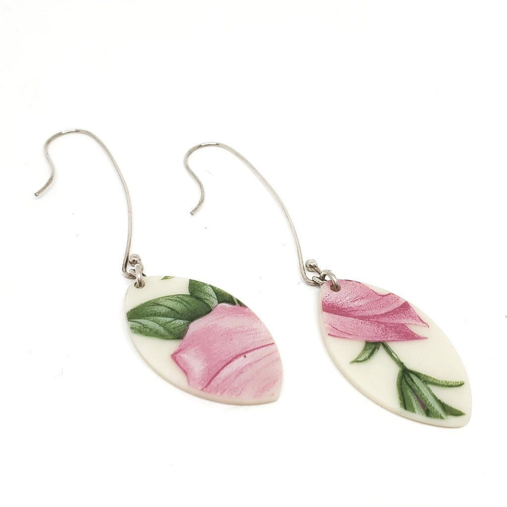Earrings - Long Pink Floral Vintage China by Material+Movement
