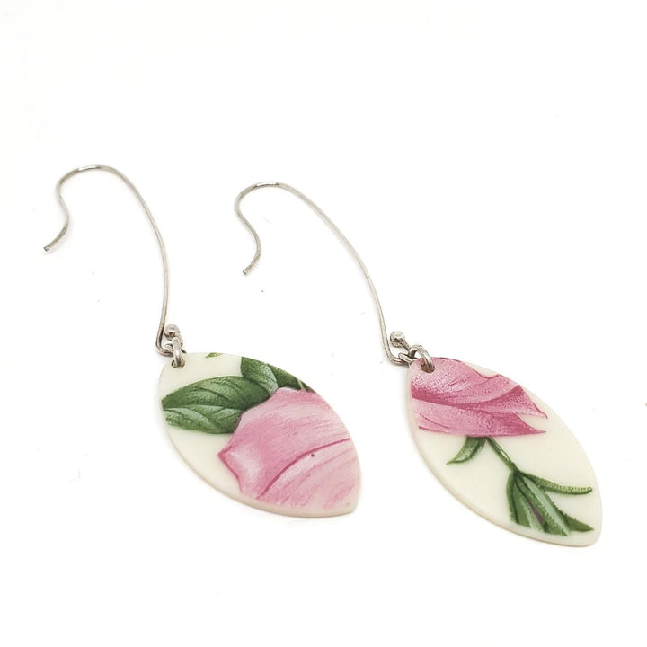 Earrings - Long Pink Floral Vintage China by Material+Movement