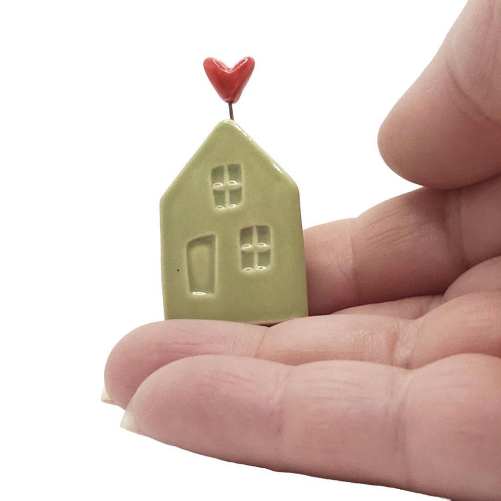 Tiny Pottery House - Grass Green with Heart (Red or Pink) by Tasha McKelvey