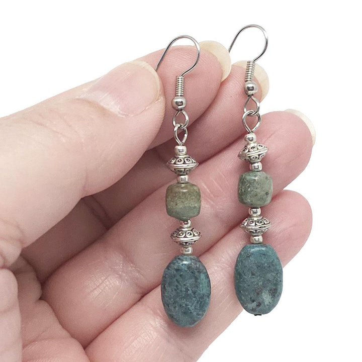 Earrings - Two Bead Oval Turquoise Silver Plate by Tiny Aloha