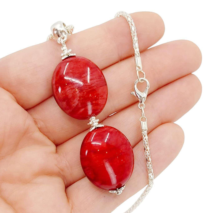 Necklace - Large Double Oval Pendant (Red Resin, Silver Plate) by Tiny Aloha