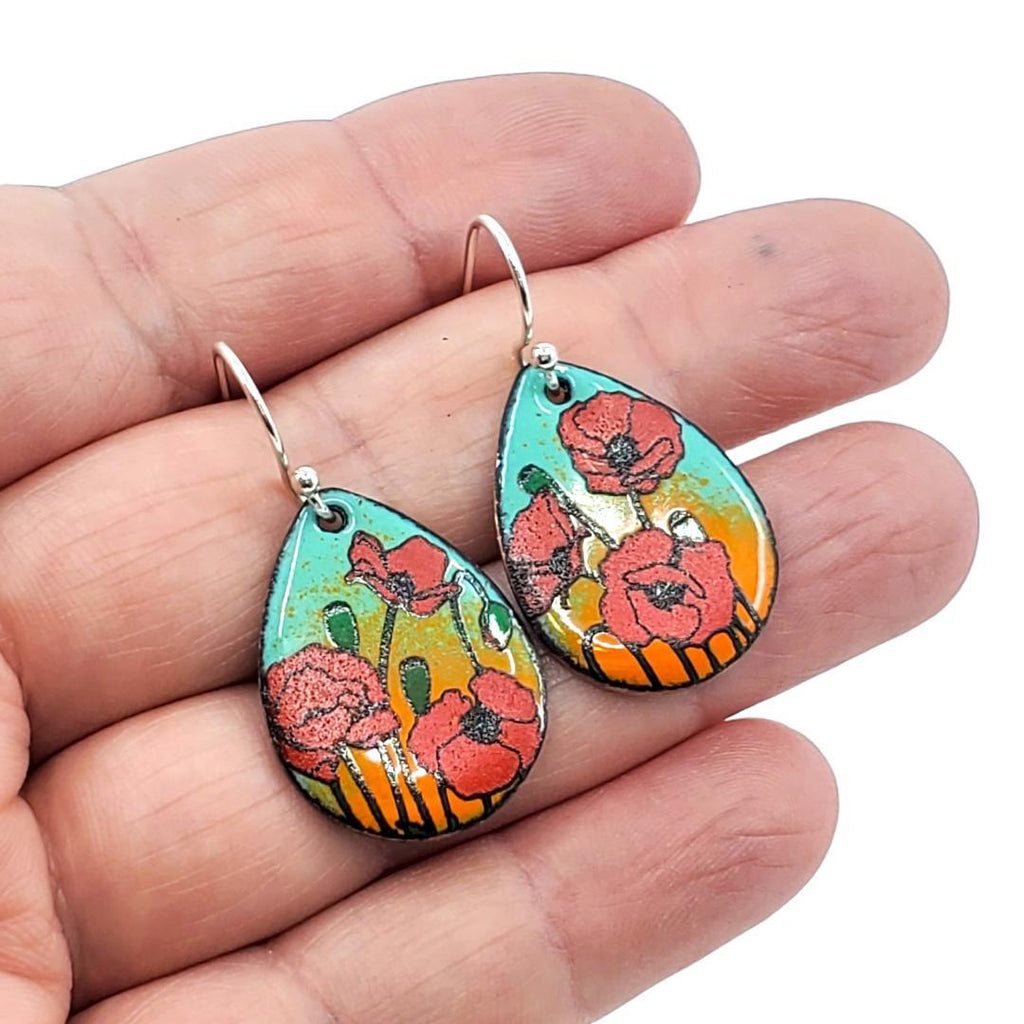 Earrings - Teardrop Poppies (Aqua Orange) by Magpie Mouse Studios