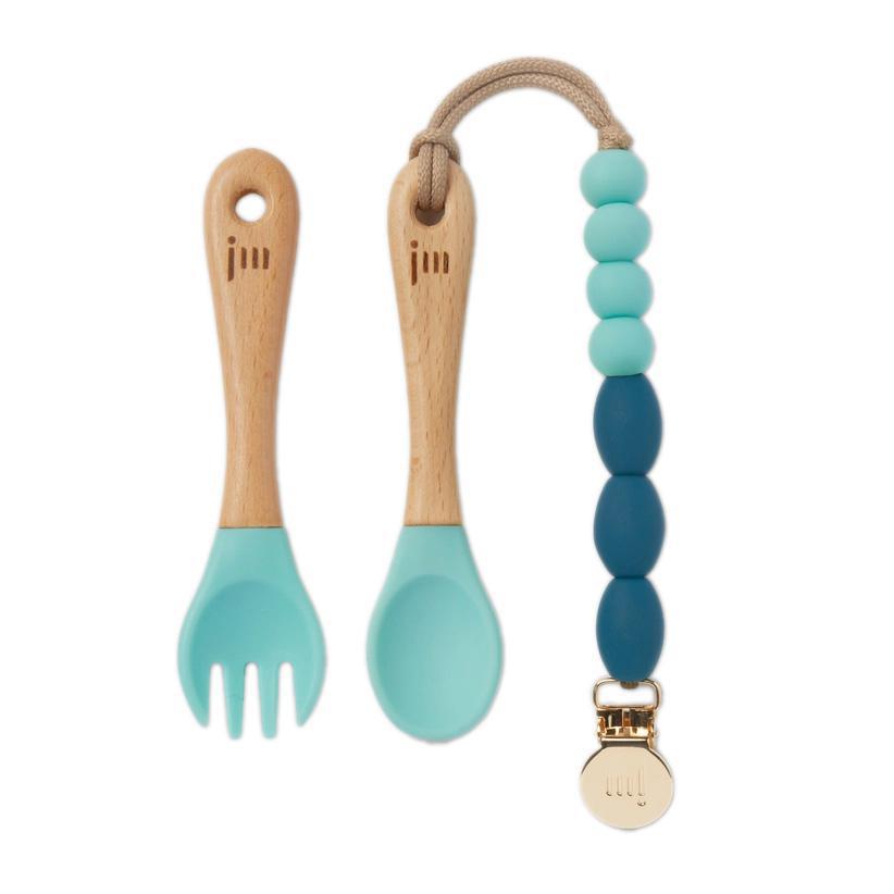 Feeding Set - Fork and Spoon with Clip (Ocean Aqua) by January Moon