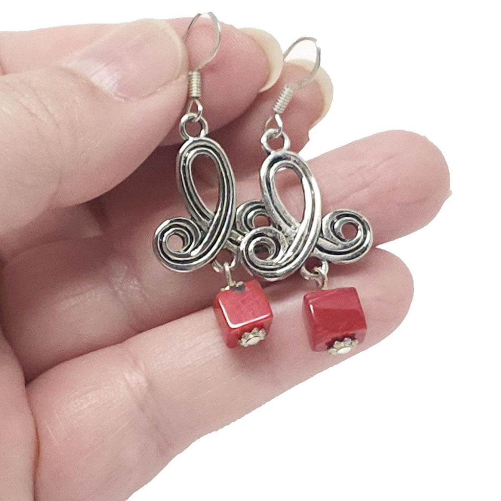 Earrings - Square Red Coral Fancy Drops by Tiny Aloha