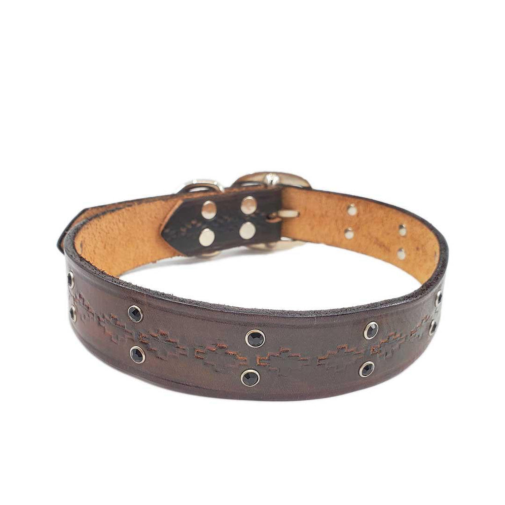 Dog Collar - L - Brown Tooling with Small Black Crystals by Greenbelts