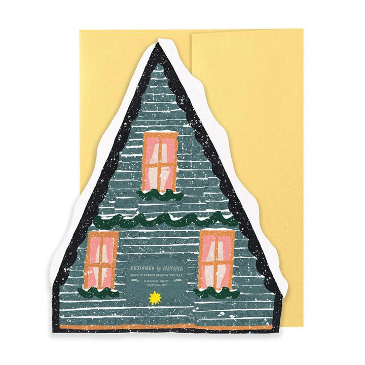 Holiday Card - Blue Snowy A-frame Cottage by Isatopia