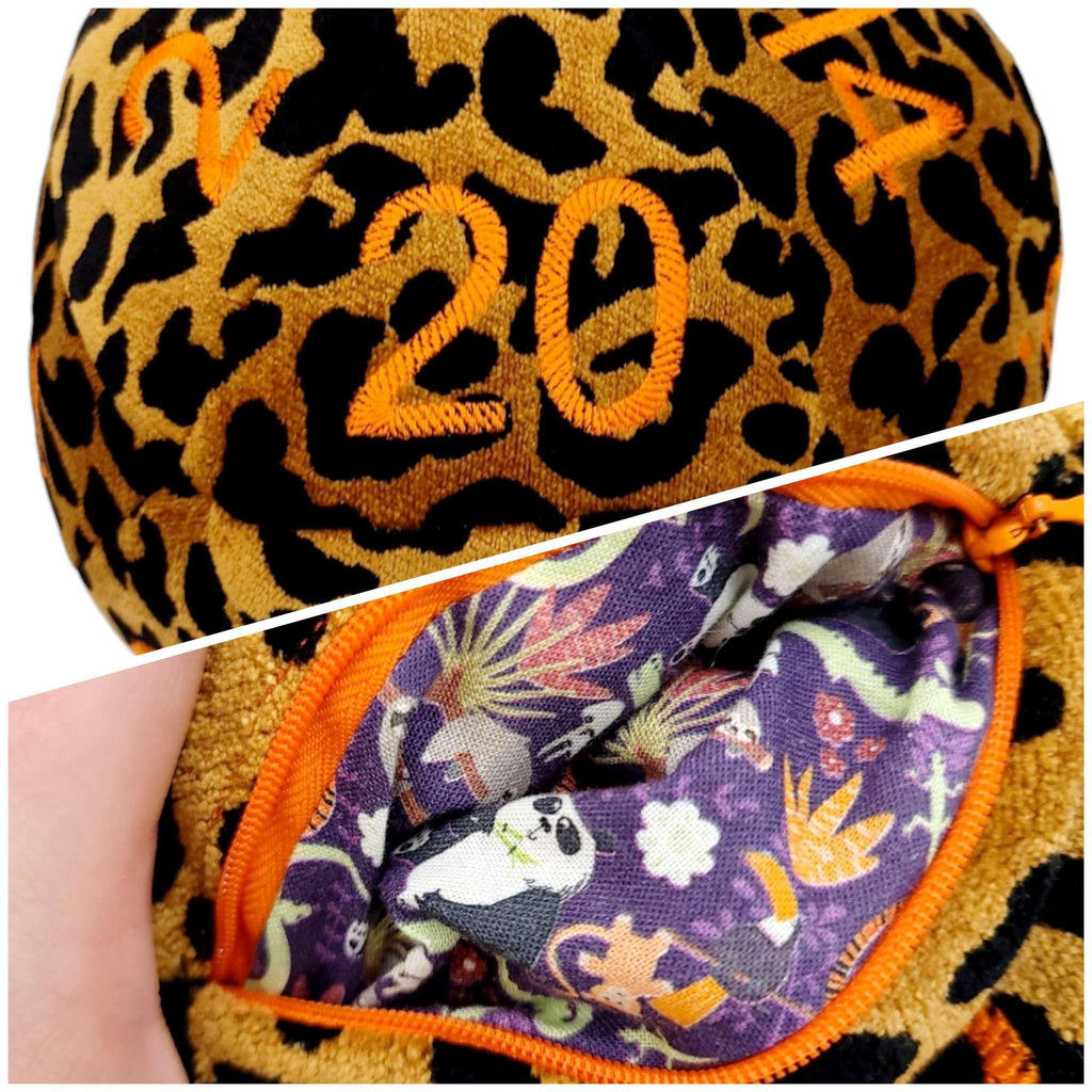 Pillow - Large D20 Plush in Leopard Upholstery with Orange Numbers by Saving Throw Pillows