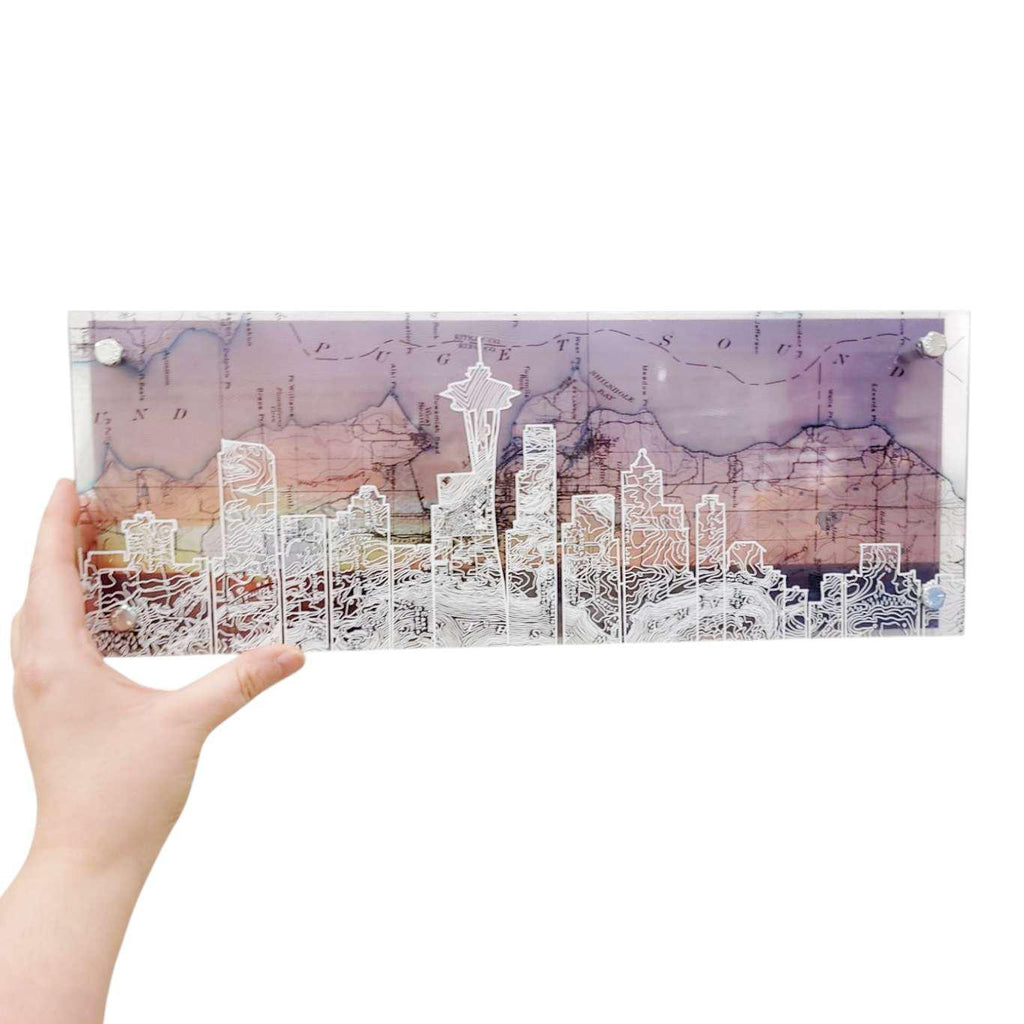 Wall Art - 16x6in - Seattle Skyline Dusk Floating Frame Map by Modern Terrain