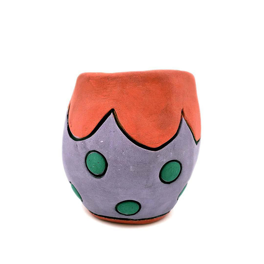 Tiny Cup - 2.5in - Red Scallops Green Dots on Purple by Leslie Jenner Handmade