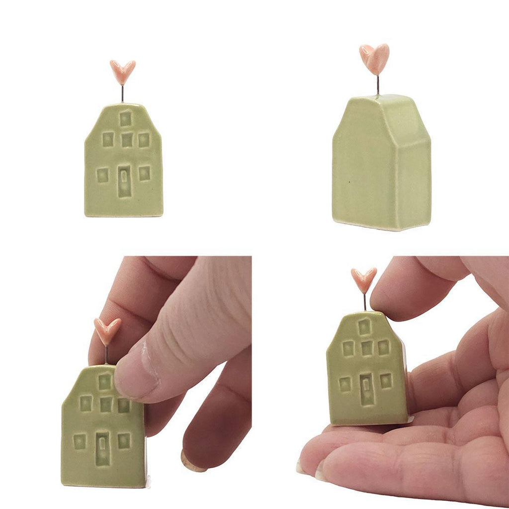 Tiny Pottery House - Grass Green with Heart (Red or Pink) by Tasha McKelvey